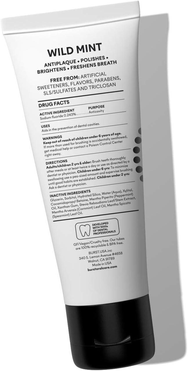 BURST Whitening Toothpaste with Cavity Fighting and Stain Removal Fluoride (4.7oz/2 Pack) | for Sensitive Teeth | with Xylitol | Vegan, Gluten & SLS Free | Wild Mint