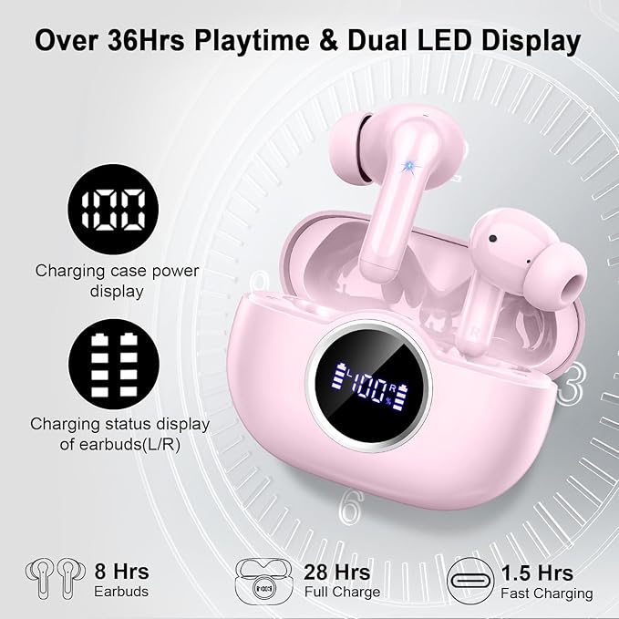 Wireless Earbuds, 2025 Bluetooth 5.4 Headphones Hi-Fi Stereo Ear Buds, 4 ENC Noise Cancelling Mic, 40+Hrs USB-C in-Ear Earphone, IP-X7 Waterproof Sport Workout Gym for Laptop Pad Android iOS-StrideForce Fitness