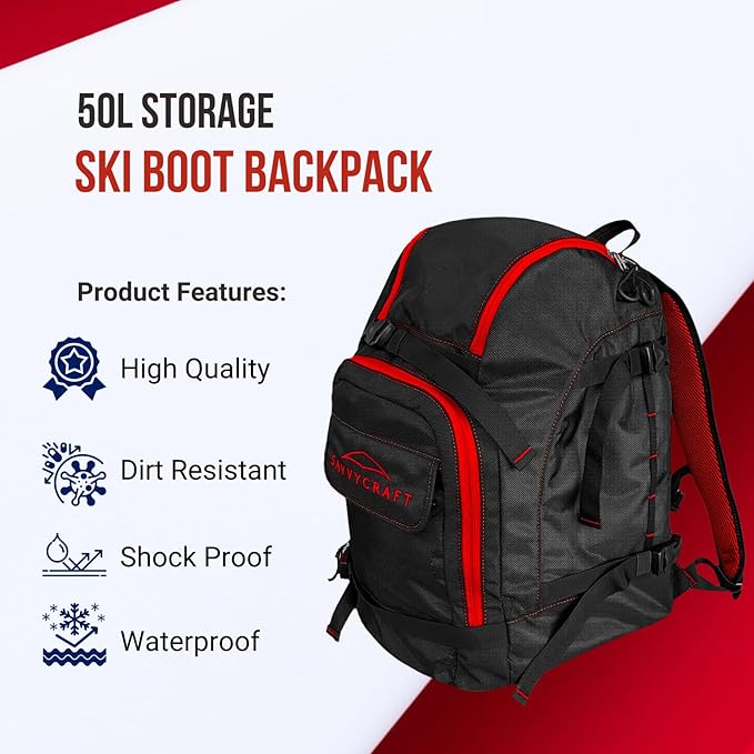 Savvycraft Ski Boot Bag Snowboard Boot Bag, 50L Ski Backpack for Ski and Snowboard Boots, Helmets, Gloves, and Accessories, Lightweight, Durable, Convenient, Red-StrideForce Fitness