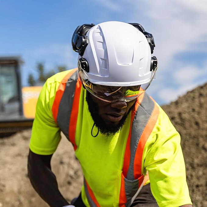 GE Safety Helmet, Impact Absorbing Tech, Adjustable Ratchet, ANSI Type 1, Memory Foam Padding, Hard Hats Protection, Lightweight, Durable, Chin Strap, Comfortable Fit OSHA Approved-StrideForce Fitness