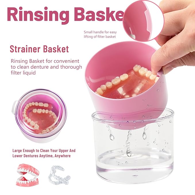 Denture Case, Leak Proof Denture Bath Cup, Full & Partial Denture Clean Holder Box with Strainer, Denture Brush, Denture Soaking Container Cups for Dentures, Retainers, Mouth Guard Storage Case (Pink)