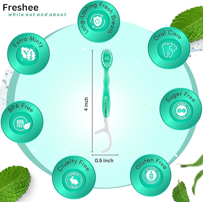 Freshee Bead -5 in 1 Disposable Mini Toothbrush with Refreshing Bead + Floss + Pick + Tongue Scraper | Travel Size | Individually Wrapped | Soft | Light Mint | Travel Set