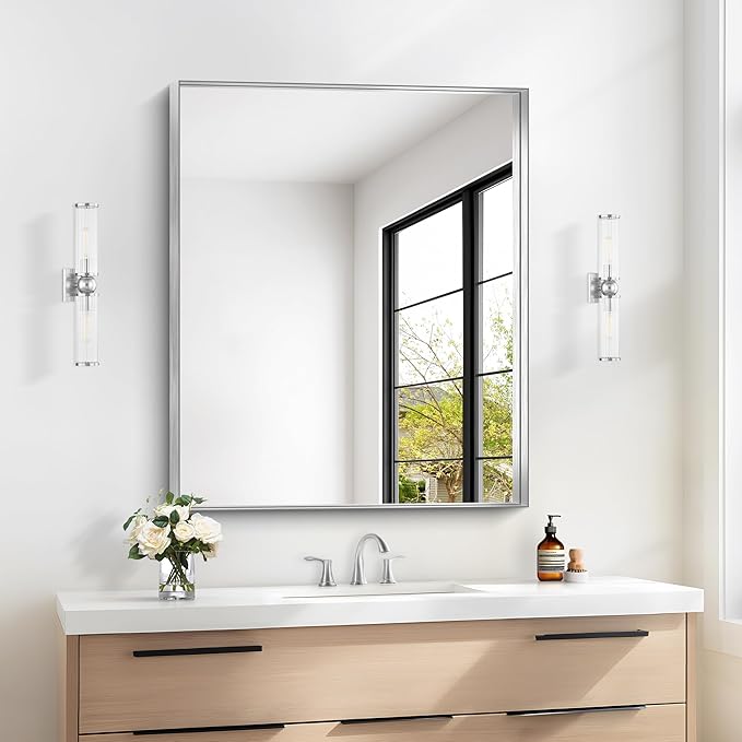 Silver Bathroom Mirror, 30x36 Inch Rectangular Framed Mirror, Large Wall Mounted Bathroom Vanity Mirror Over Sink for Bedroom,Restroom, Living Room, Hangs Vertically or Horizontally-StrideForce Fitness