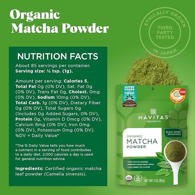 Navitas Organics Matcha Powder – For Tea, Lattes, Smoothies, Desserts & More – Energy & Antioxidants – Premium Culinary Grade – USDA Organic, Non GMO, Gluten Free, Kosher, Vegan (3oz. Bag 85 Servings)-StrideForce Fitness