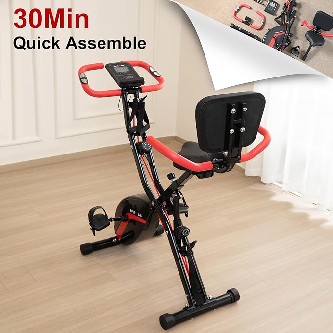 BARWING Stationary Exercise Bike for Home Workout, 5 IN 1 Foldable Indoor Cycling Bike for Seniors, 350LB Capacity, 16-Level Magnetic Resistance, Seat Backrest Adjustments-StrideForce Fitness
