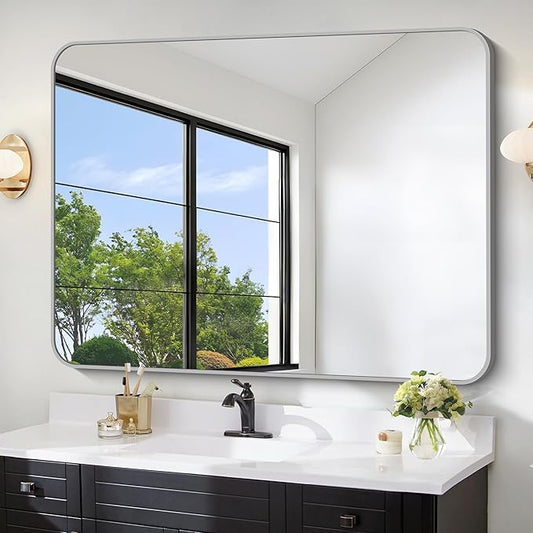 FORBATH 40x48 Inch Silver Bathroom Mirror for Over Sink, Large Rectangular Wall Mirror with Metal Frame, Rounded Corners for Bathroom, Bedroom, Entryway Decor (Horizontal or Vertical)-StrideForce Fitness