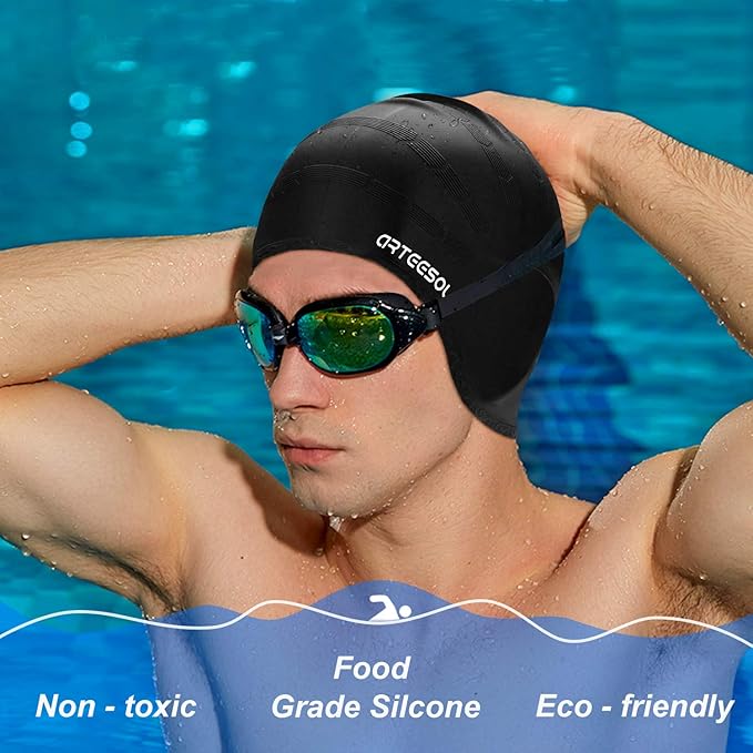 Swimming Cap, Silicone Swim Cap for Women Men, Durable Non-Slip Waterproof Swim Cap Protect Ears, Long Hair for Adults, Older Kids-StrideForce Fitness