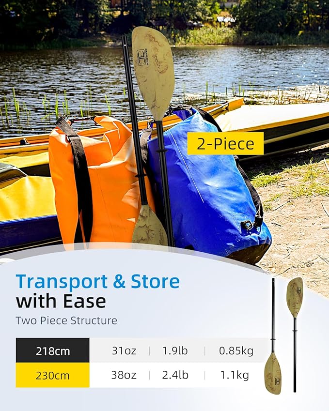 OCEANBROAD Kayak Paddle 86in/218cm, 90.5in/230cm Alloy Shaft 2-Piece Floatable Kayak Oar for Kayaking Canoeing Boating-StrideForce Fitness