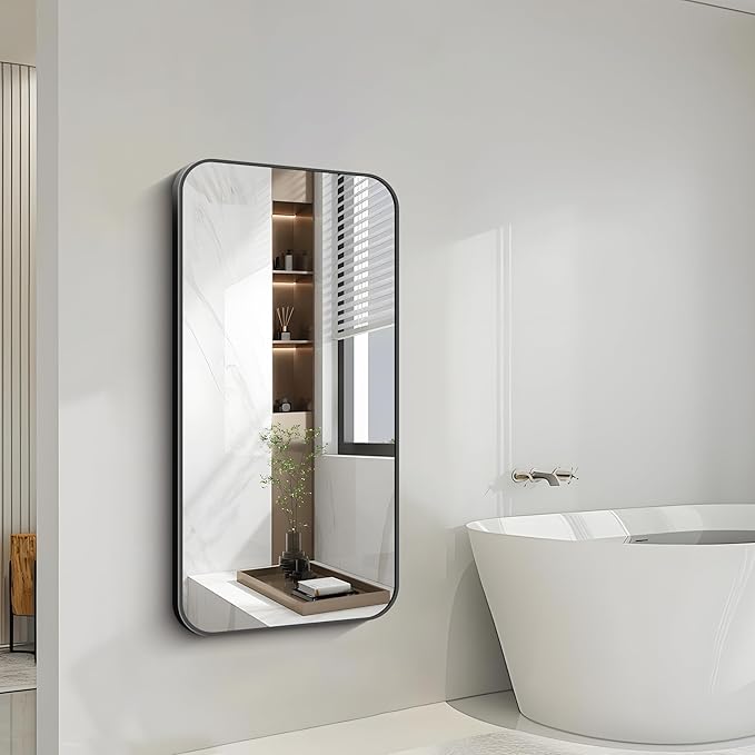 FORBATH Bathroom Mirror 48" x 24", Rectangle Black Narrow Bathroom Mirror with Black Aluminum Frame Rounded Corner, Wall Mounted Mirror for Bedroom Entryway Living Room-StrideForce Fitness