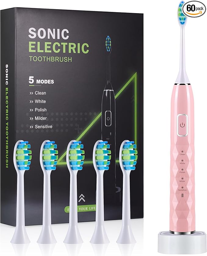 Sonic Electric Toothbrush for Adults - Deep Cleaning Teeth Whitening6 Replacement Brush Heads100-Day Battery5 Modes w/SensitiveIPX7 Waterproof (Color Options)