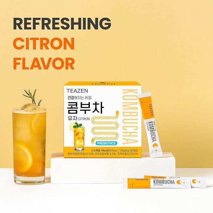 TEAZEN Citron Kombucha Tea, Hydration Drink Mix, Sugar Free, Live Probiotics & Prebiotics, 30 Sticks, 5.29oz-StrideForce Fitness