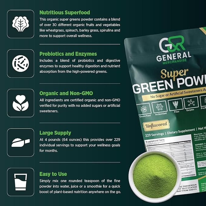 Super Greens Powder Superfood Organic, 229 Servings Digestive Enzymes, Probiotics & Vitamins Vegetables (Wheatgrass, Spirulina & more), Fruits, 4 Pounds(64oz).-StrideForce Fitness