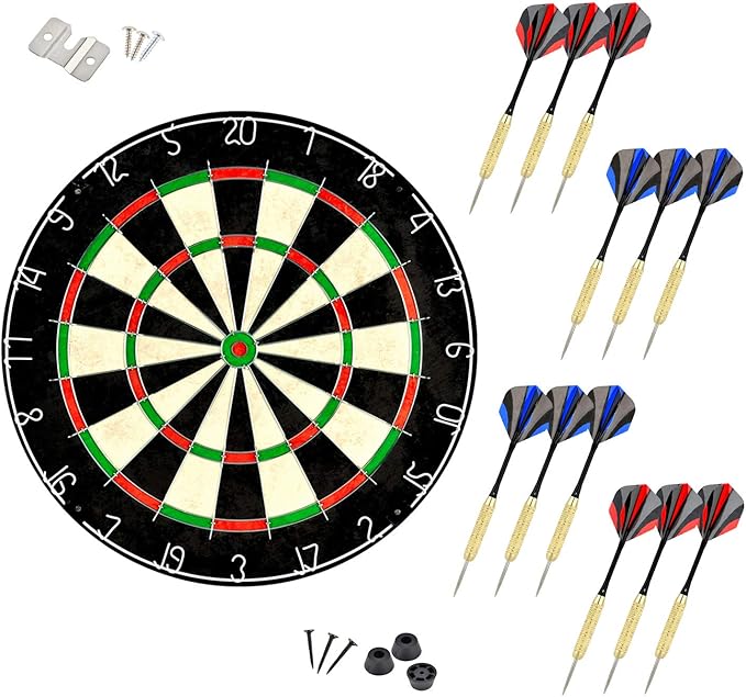 LinkVisions Dartboard with Staple-Free Bullseye, 18g Steel Tip Darts Set,12 Steel Tip Darts 18g, Dartboard Mounting Kits Included-StrideForce Fitness