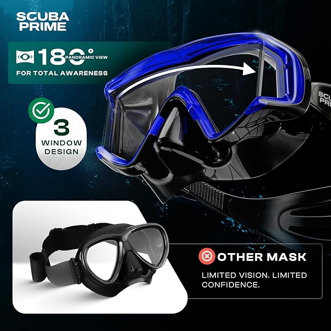 Pano 3 Scuba Diving Mask, Tempered Glass Snorkel Mask Three-Window Scuba Mask No-Leak Dive Mask Silicone Skirt Diving Mask for Snorkeling and Scuba Use-StrideForce Fitness