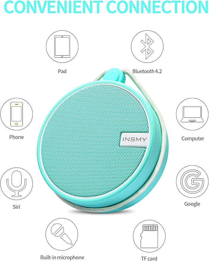 INSMY C12 IPX7 Waterproof Shower Bluetooth Speaker, Portable Small Speaker, Speakers Bluetooth Wireless Loud Clear Sound Support TF Card Suction Cup for Outdoor Kayak Canoe Beach Gift (Mint)-StrideForce Fitness