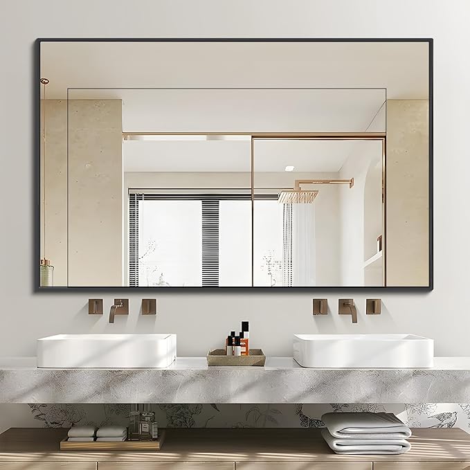 Black Bathroom Mirror for Wall, 30x40 Inch Rectangle Mirrors with Metal Frame, Modern Vanity Wall Mirror Decor for Entryway Hangs, Bathroom, Living Room Horizontal or Vertical-StrideForce Fitness