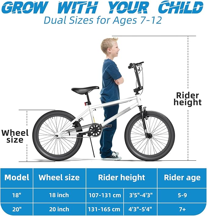 67i Boys BMX Bike 18/20 Inch Ages 8-12 Kids Bicycle with Front Rear U Brake Adjustable Seat Iron Fork 2.09" Wide Tires-StrideForce Fitness