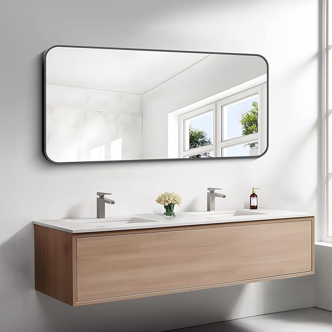 24x48 inch Bathroom Mirror,Black Rectangle Mirror,Wall Mounted Bathroom Frame Vanity Mirror with Round Corner for Bedroom Living Room, Entryway Hangs Horizontal or Vertical-StrideForce Fitness