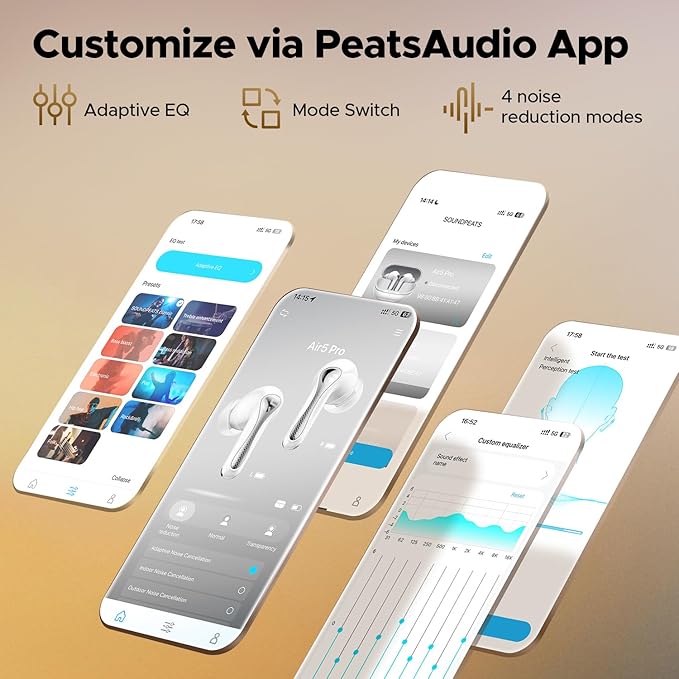 SoundPEATS Air5 Pro Adaptive Hybrid Noise Cancelling Wireless Earbuds, Qualcomm Snapdragon Sound, aptX™ Lossless, LDAC LE Hi-Res Audio, 6 Mics AI CVC 8.0 Call, 37H Playtime, IPX5 Waterproof, BT 5.4-StrideForce Fitness