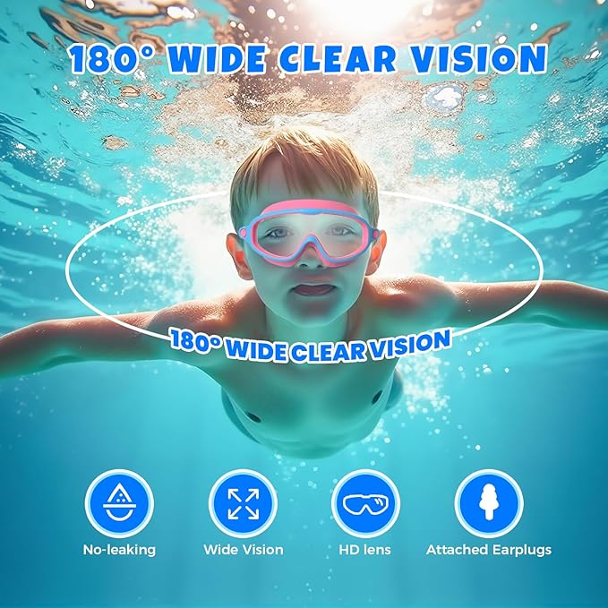 Swim Goggles for Kids 3-15 with Earplugs Large Frame Anti-Fog/UV Swimming Goggles for Boys Girls Toddler 2PCS-StrideForce Fitness