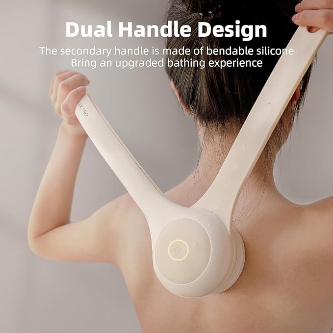 Electric Body Brush Back Scrubber for Shower, Waterproof Long Dual Handle Power Body Scrubber with 3 Heads, Rechargeable Bath Brush & 2 Speeds, for Cleansing, Exfoliating and Massaging Skin-StrideForce Fitness