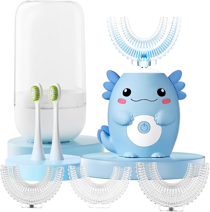 Kids Electric U Shaped Toothbrush - Axolotl Kids Sonic Toothbrush with 6 Brush Head Automatic Rechargeable 6 Cleaning Modes Full Mouth Cleaning-Blue