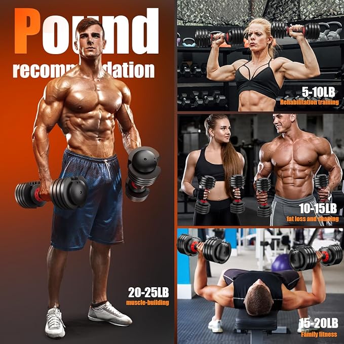 VEICK 25/55 lbs Adjustable Dumbbell with Anti-Slip Turning Handle, Fast Adjust Weight for Men Women, Exercise Equipment with Tray for Home Gym Full Body Workout Fitness-StrideForce Fitness