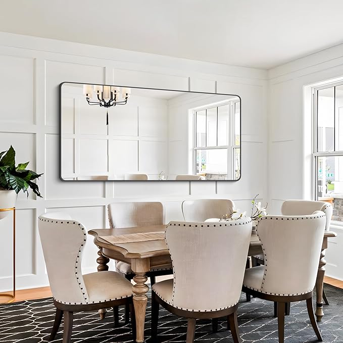 FORBATH Bathroom Mirror 30" X 60"，Large Rectangular Wall Mirror, Black Metal Framed Rounded Corner Wall Mounted Mirror for Bathroom Bedroom Entryway Decor(Horizontal/Vertical)-StrideForce Fitness