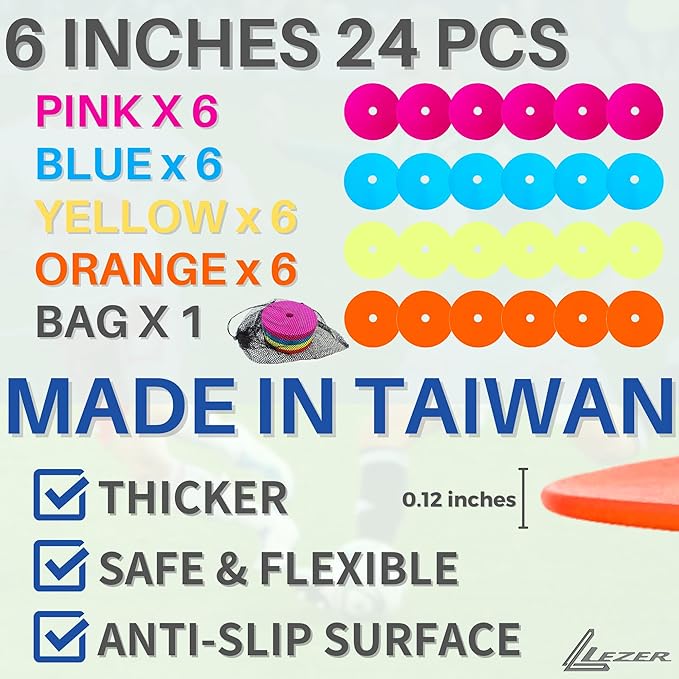 LEZER 6 Inch 8 Inch Flat Cones, Spot Markers, Soccer Cones, Field Court Markers, Sit Spots, Flat Discs, Soccer Training Equipment, Agility Practice, Football, Made in Taiwan-StrideForce Fitness