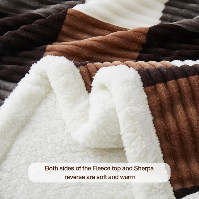 PU MEI Sherpa Blanket Full/Queen Plaid Thick Bed Blanket, 90”*80” Super Soft Flannel Fuzzy Fleece Reversible Velvet Plush Warm Blanket for Couch (Brown-Check, 80"*90")-StrideForce Fitness