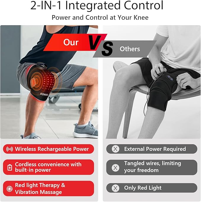 Red Light Therapy Knee Brace&Vibration Knee Massage for Pain Relief, 660nm&850nm Rechargeable Near Infrared Light Therapy Device for Knee/Elbow/Shoulder Faster Recovery for Cordless Use-StrideForce Fitness