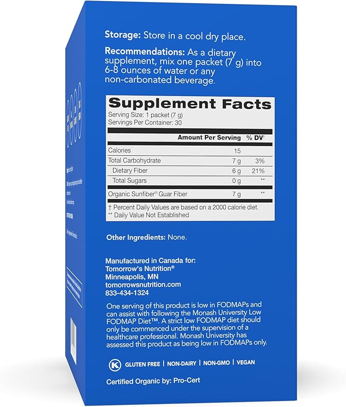 Tomorrow's Nutrition, Organic Sunfiber Stick Packs, Prebiotic Fiber Supplement for Digestive Health, Low FODMAP, Gluten-Free, 30 Packets, Blue-StrideForce Fitness