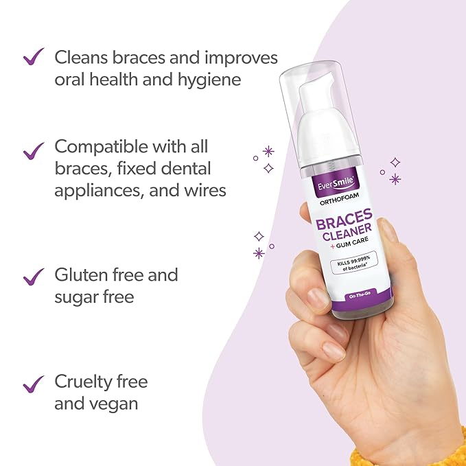EverSmile OrthoFoam Braces Cleaner — Brushable Foam Whitens Teeth, Eliminates Bacteria, Fights Plaque and Bad Breath – Cleans Under Metal, Ceramic, Clear Brackets and Wires – 50ml (4 Pk)