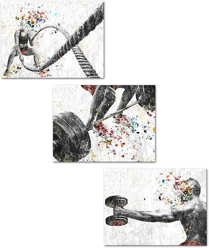 KREATIVE ARTS 3 Pieces Fitness Gym Canvas Wall Art - 12"x16" Framed Workout Prints with Weightlifting, Dumbbell, Barbell & Fitness Rope Motifs, Black & White Sport Painting, Home Gym Decor-StrideForce Fitness