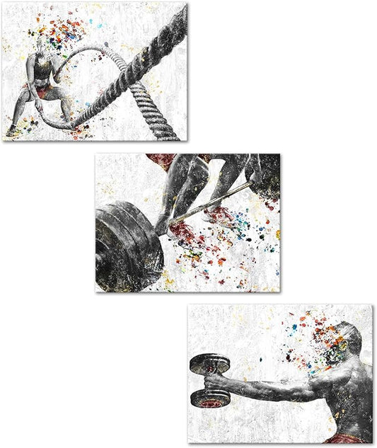 KREATIVE ARTS 3 Pieces Fitness Gym Canvas Wall Art - 12"x16" Framed Workout Prints with Weightlifting, Dumbbell, Barbell & Fitness Rope Motifs, Black & White Sport Painting, Home Gym Decor-StrideForce Fitness