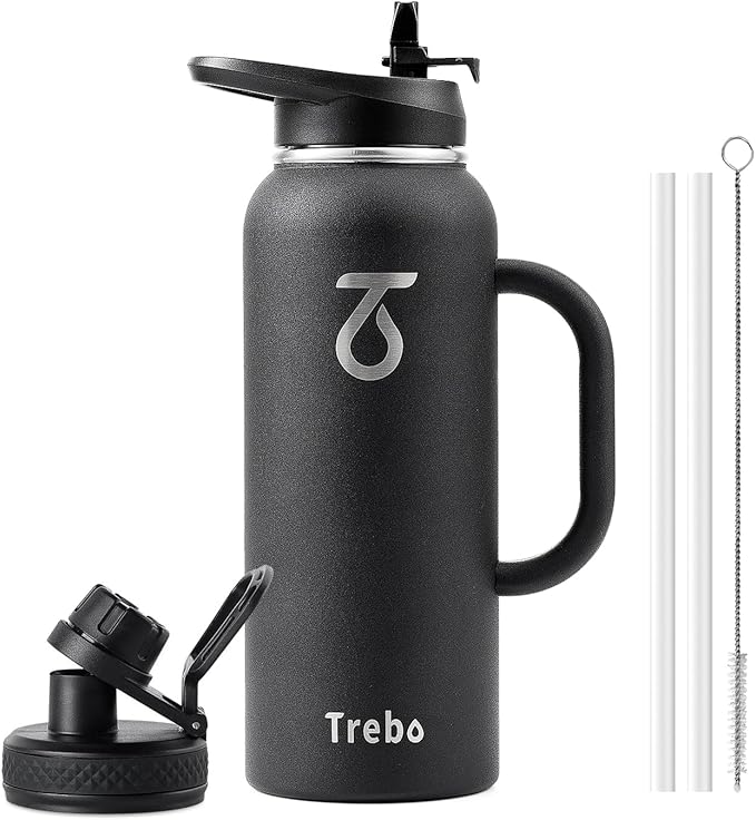 Trebo 40oz Water Bottle Insulated with Handle, Stainless Steel Metal Large Jug,Travel Flask with Straw Spout Lid,Mug Tumbler Cup with Carry Pouch,Keep Cold Hot, Indigo Black-StrideForce Fitness
