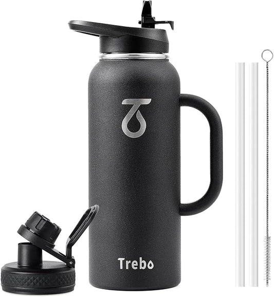 Trebo 40oz Water Bottle Insulated with Handle, Stainless Steel Metal Large Jug,Travel Flask with Straw Spout Lid,Mug Tumbler Cup with Carry Pouch,Keep Cold Hot, Indigo Black-StrideForce Fitness