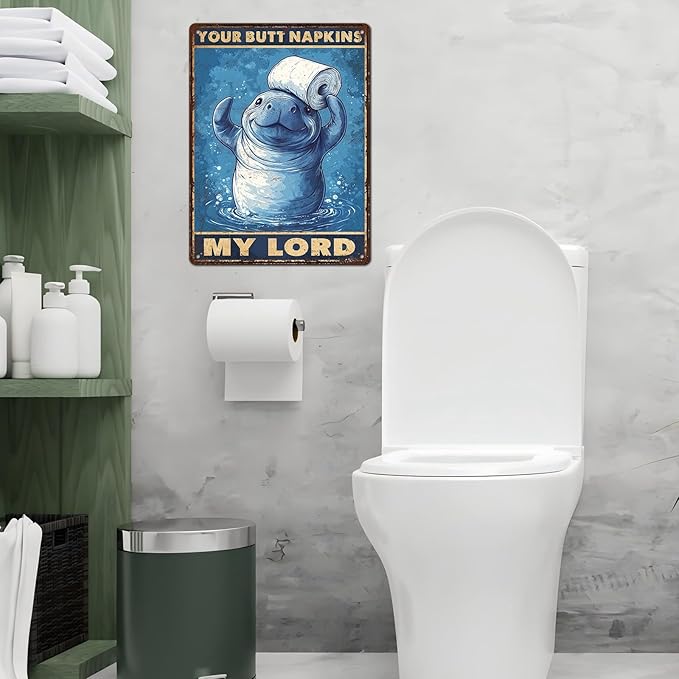 Vintage Manatee Tin Sign Your Butt Napkins My Lord Retro Bathroom Metal Poster Funny sea Cow Wall Art Toilet Man Cave Bar Cafe Indoor Room Garage Store Office 12 * 16inch-StrideForce Fitness