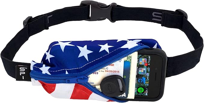SPIbelt Running Belt for Women Men, Phone Holder for Running, Running Fanny Pack, Holder for Phone, Running Waist Pack, Adjustable Waist, [Fits All Phones]. Stars and Stripes with Blue Zipper-StrideForce Fitness