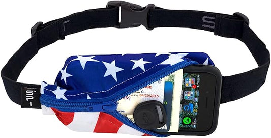 SPIbelt Running Belt for Women Men, Phone Holder for Running, Running Fanny Pack, Holder for Phone, Running Waist Pack, Adjustable Waist, [Fits All Phones]. Stars and Stripes with Blue Zipper-StrideForce Fitness