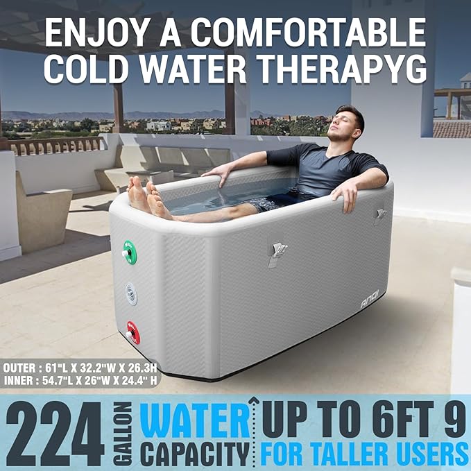 XXL Cold Plunge Tub for Athletes, Compatible with Water Chillers, 224-Gallon Inflatable Ice Bath Tub with Insulated Lid, Thermometer, Water-Absorbent Mat, Portable Ice Pod for Cold Water Therapy-StrideForce Fitness