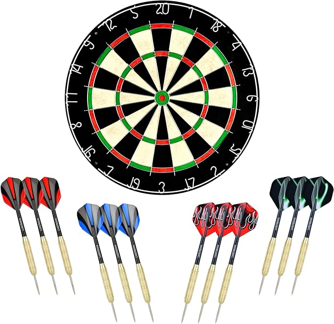 LinkVisions Dartboard with Staple-Free Bullseye, 18g Steel Tip Darts Set,12 Steel Tip Darts 18g, Dartboard Mounting Kits Included-StrideForce Fitness