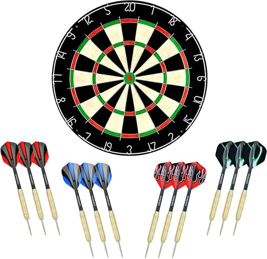 LinkVisions Dartboard with Staple-Free Bullseye, 18g Steel Tip Darts Set,12 Steel Tip Darts 18g, Dartboard Mounting Kits Included-StrideForce Fitness