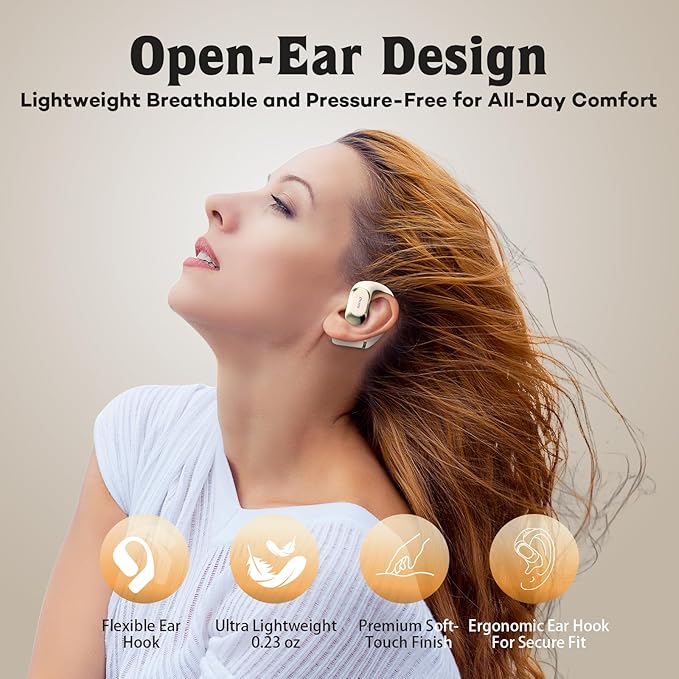 OHAYO Open Ear Headphones,Earbuds with Ergonomic Earhook,Bluetooth Headphones 5.4 with Smart Digital Display,40H Playtime,IPX6 Waterproof,Touch Control Earphones Fit Cycling,Running,Workout(Beige)-StrideForce Fitness