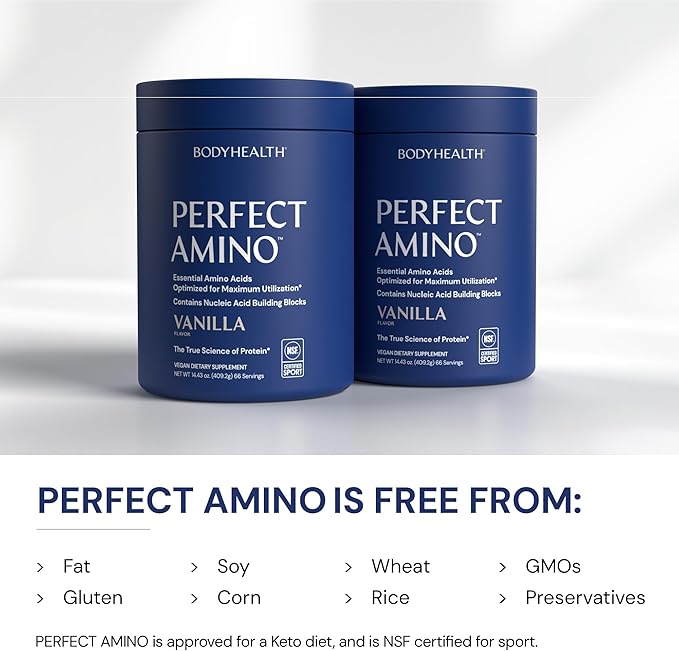 BodyHealth PerfectAmino Powder - BCAA and EAA Powder for Pre and Post Workout - Amino Acid Energy Drink to Support Lean Muscle and Recovery - NSF Certified for Sport - Vanilla - 66 Servings-StrideForce Fitness
