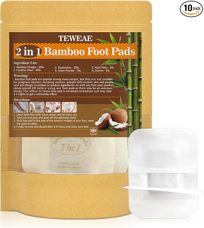 2 in 1 Foot Pads, Bamboo Vinegar Coconut Shell Powder Foot Pads with ''Stay in Place'' Bigger Adhesive Sheet(10 Pads)-StrideForce Fitness