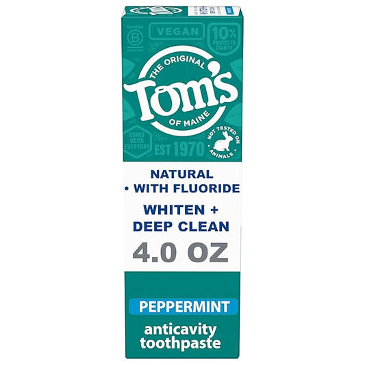 Tom’s of Maine Whiten Plus Deep Clean Whitening Toothpaste, Natural Whitening Toothpaste with Plant-Based Cleansers, Enamel Safe Formula, Whitens Without Causing Sensitivity, Peppermint, 4.0 oz