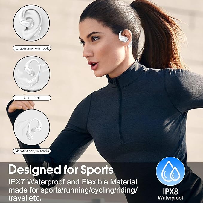 Open Ear Headphones, Bluetooth 5.4 Headphones Sports, Premium Sound with HD Mic Wireless Earbuds, 48H Playtime LED Power Display Ear Buds, IPX7 Lightweight Comfort Earphones for Running, White-StrideForce Fitness