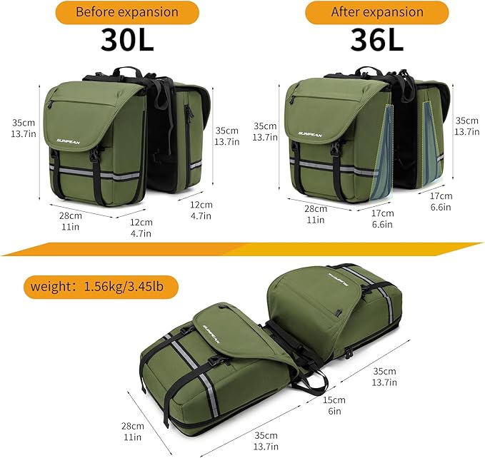 Bike Bag Accessories Panniers for Bicycle Rear Rack Bag 36L Waterproof Mountain Electric Bike Saddle Bag for Cycling Traveling Commuting Green-StrideForce Fitness