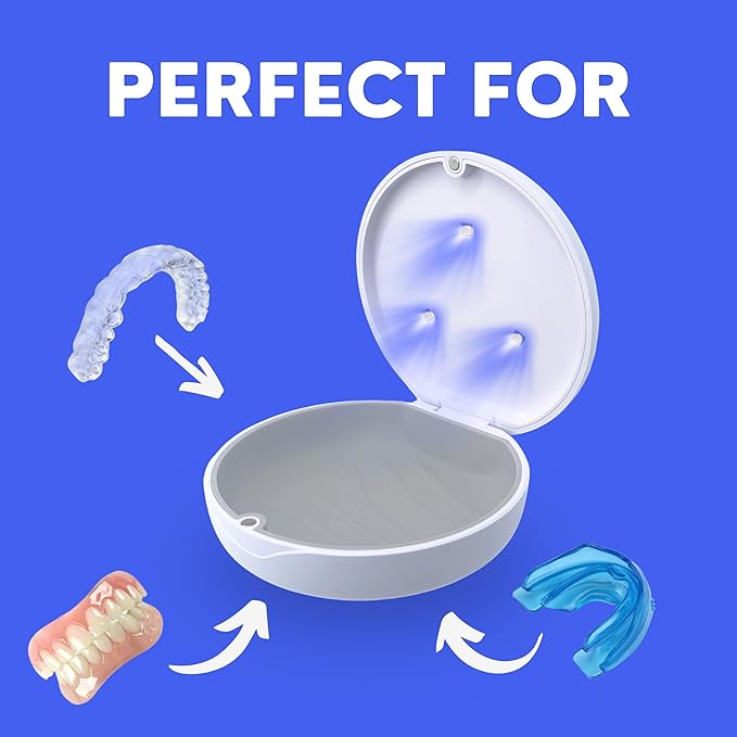 UV Retainer Case for Invisalign, Aligners, Dental Braces, Mouth Guard, Dentures and Night Guard - Small and Portable UV Retainer Cleaner Case with UVC Lights (Pink & White)
